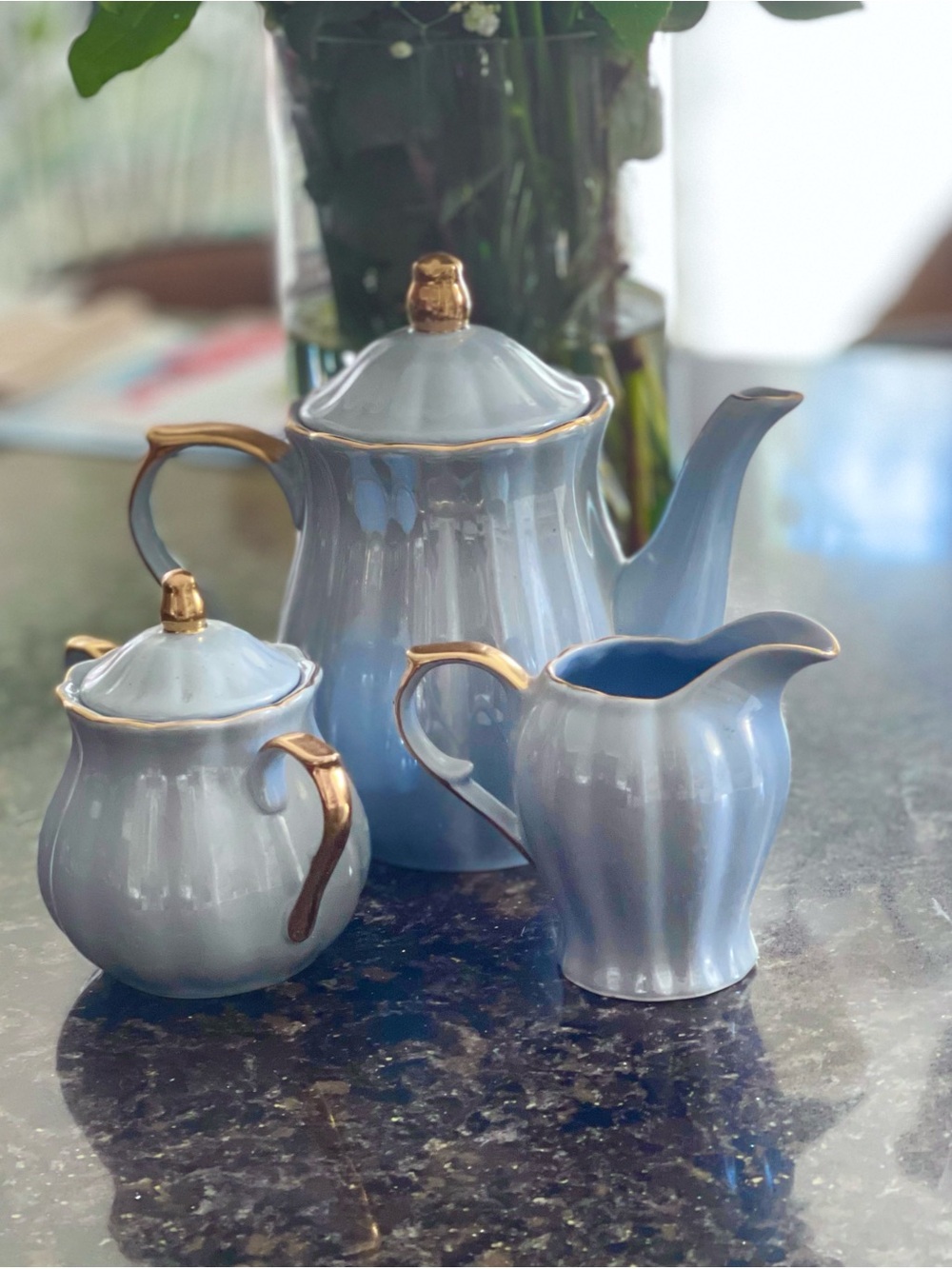 🦋NwOT🦋 Grace Blue Porcelain Coffee & Tea Set with Gold Trim - 3 Piece